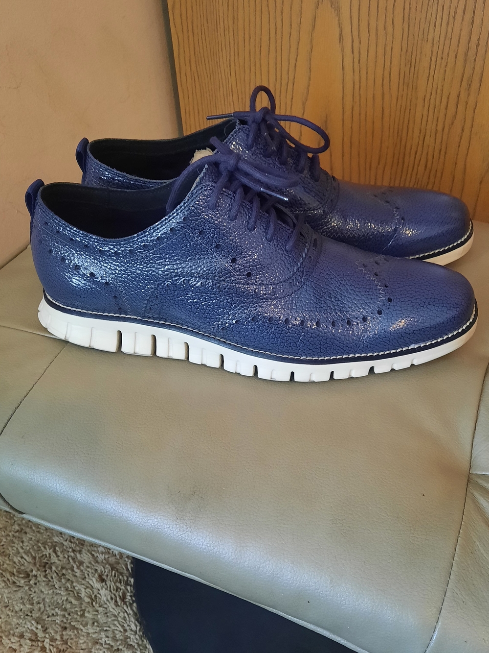 Cole Haan Men's Blue Patent Leather Wingtip Derby with White Sole Size 12